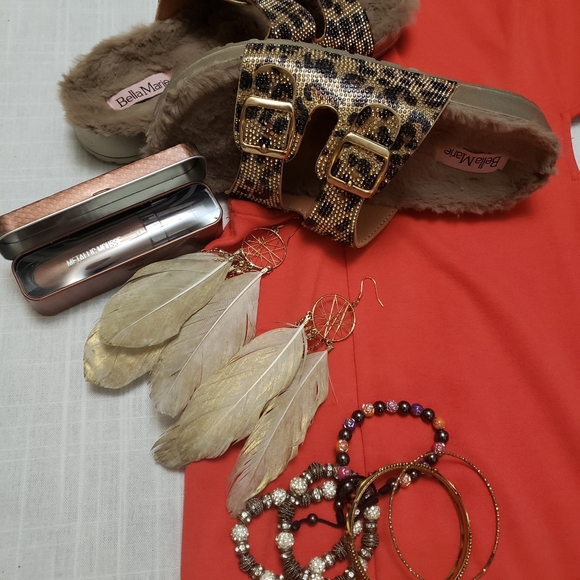 Leopard Shimmer Slides rhinestone faux fur comfy cute Size 9 Tan Black Gold - Picture 2 of 6